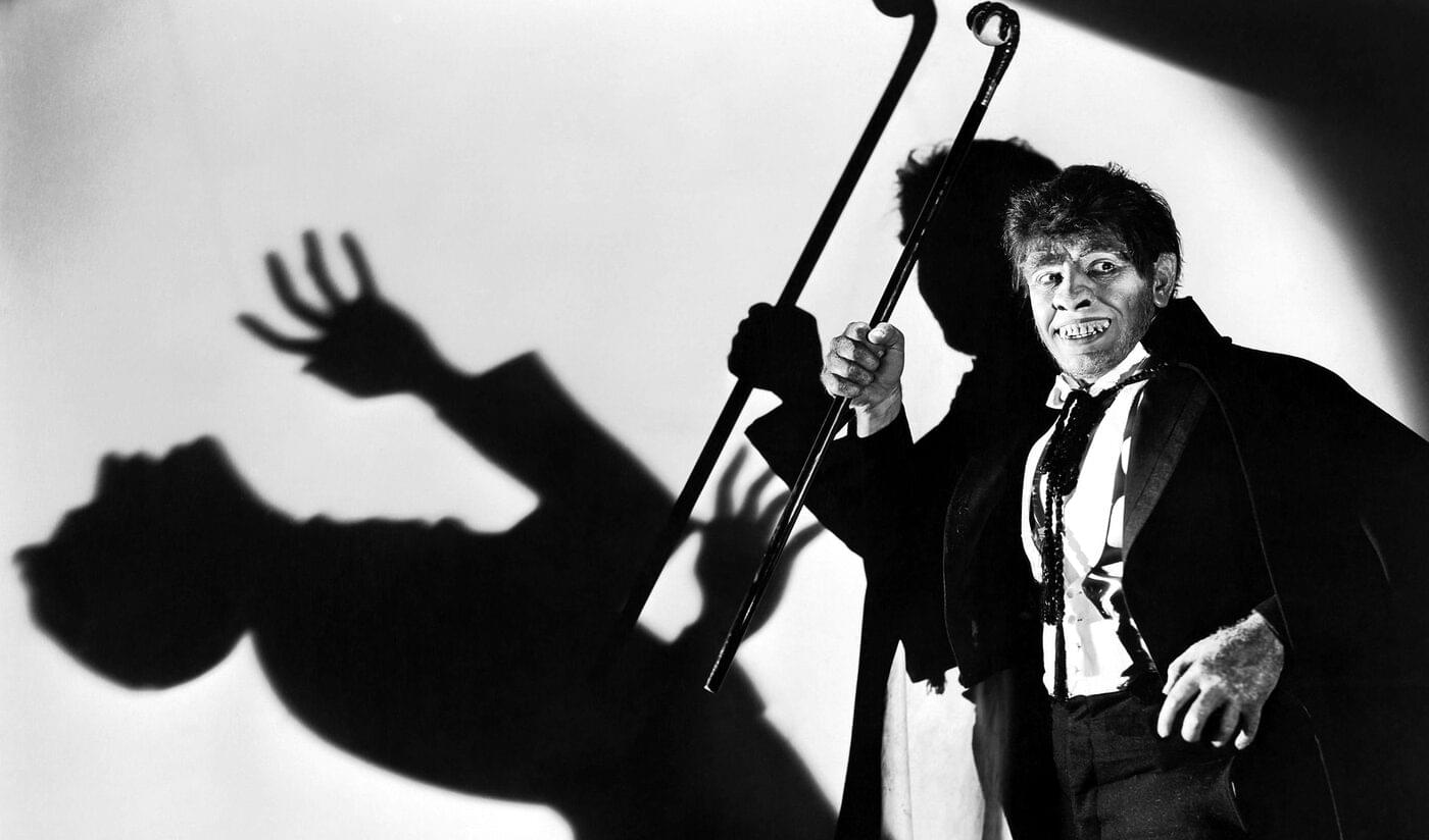 Mr. Hyde waving a cane around threateningly