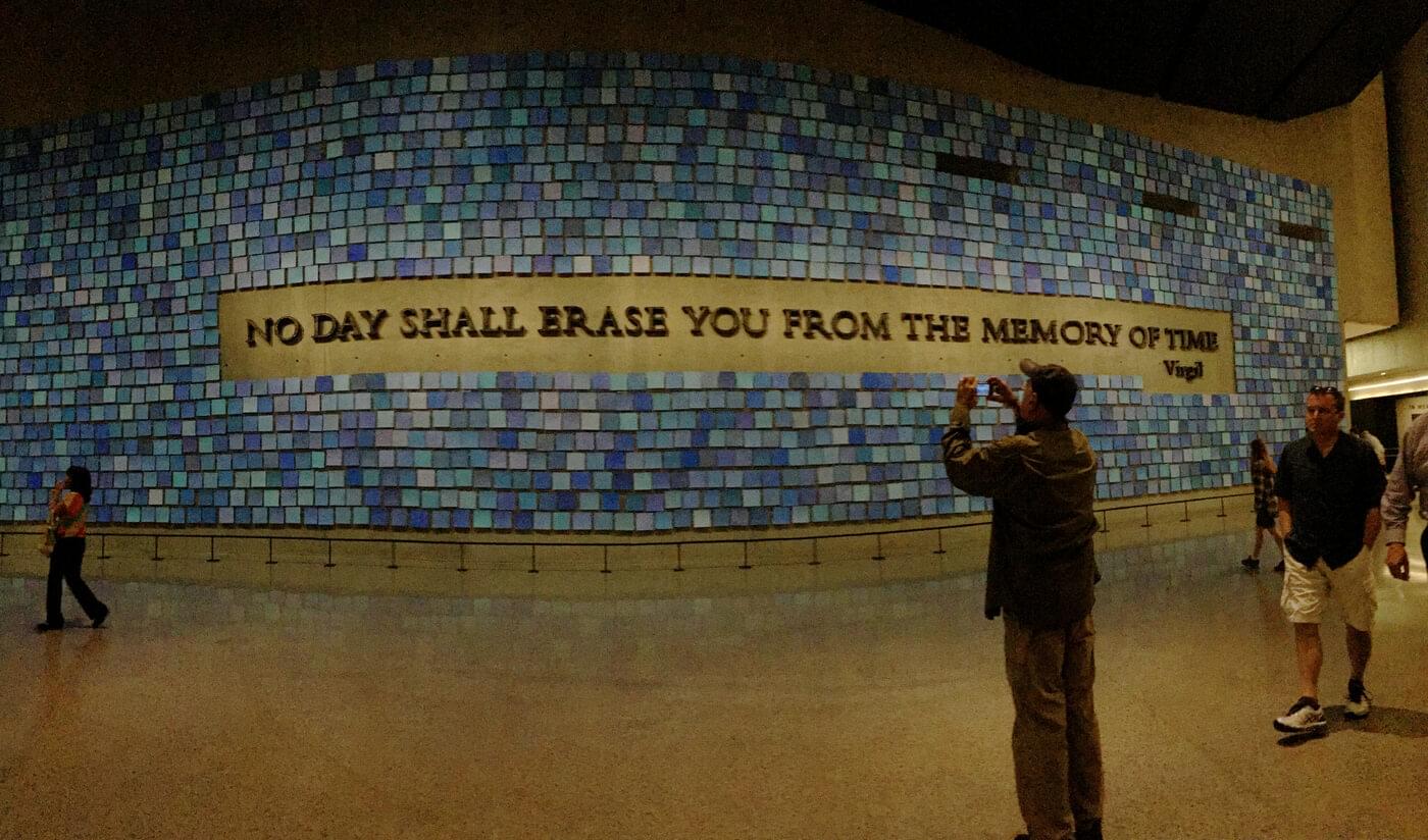 A photo of the memorial wall at the National September 11 Memorial & Museum