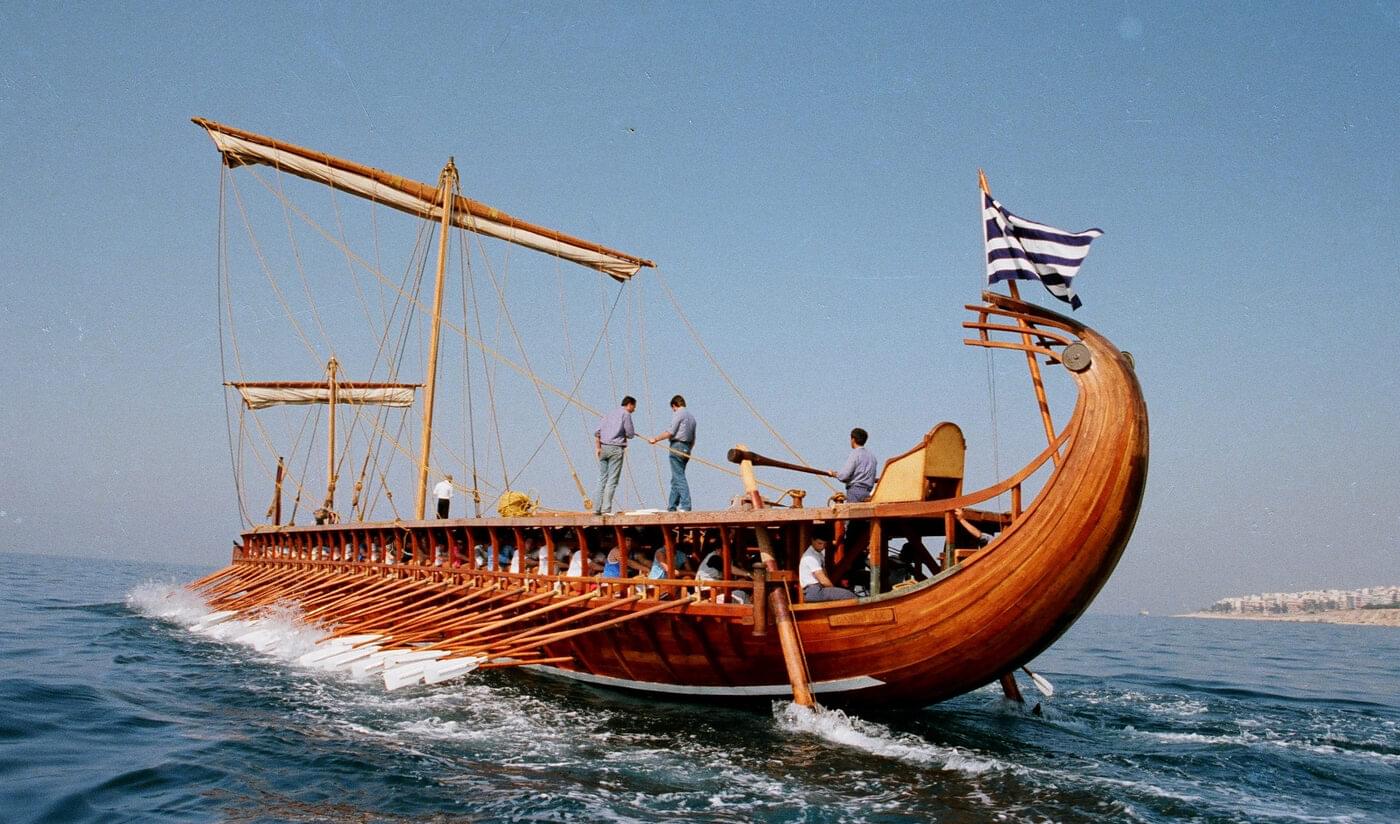 A Roman trireme under sail.