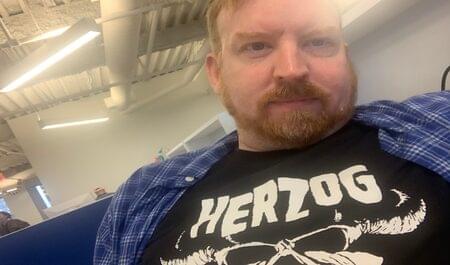 Image of an idiot wearing a Werner Herzog T-shirt